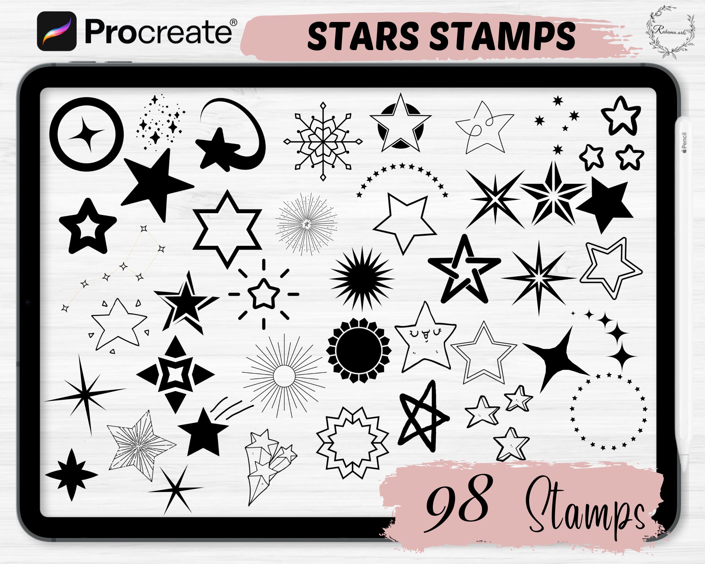 Stars and Sparkle Procreate Stamps | 98 Stars Procreate Brush Set ...