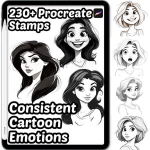 Könnte beinhalten: Ein digitales Tablet zeigt schwarz-weiße Illustrationen von Cartoon-Gesichtern weiblicher Figuren mit verschiedenen Gesichtsausdrücken. Der Text lautet "230+ Procreate Stamps" und "Consistent Cartoon Emotions".