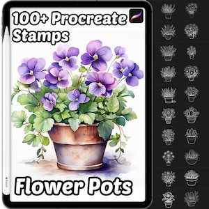 Könnte beinhalten: 100+ Procreate Stamps Flower Pots digitales Stempelset mit Aquarell-Illustrationen von lila Blumen in Terrakotta-Töpfen.