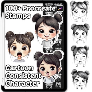 May include: A digital art set on a tablet, showcasing cartoon girl stamps for Procreate. The image includes the text "100+ Procreate Stamps" and "Cartoon Consistent Character". The girl stamps have different expressions and are in monochrome.