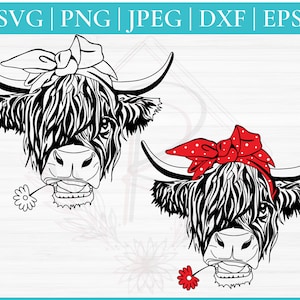 Highland Cow Svg | Highland Heifer svg | Cow svg | Scottish highland cow with flower svg | farm animal svg | Cow head svg | Animal svg