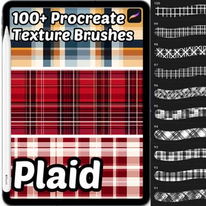 Può includere: Un'illustrazione digitale di uno schermo di tablet che mostra una collezione di oltre 100 pennelli di texture Procreate per creare motivi a quadri. Il testo "100+ Procreate Texture Brushes" e "Plaid" è visualizzato sullo schermo.
