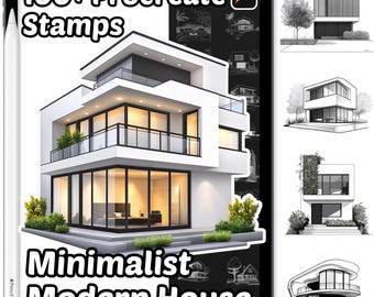Minimalistyczne, nowoczesne domy – znaczki Procreate | Ponad 100 znaczków Procreate House | Minimalistyczne domy | Tło domów Procreate | Kreator scen