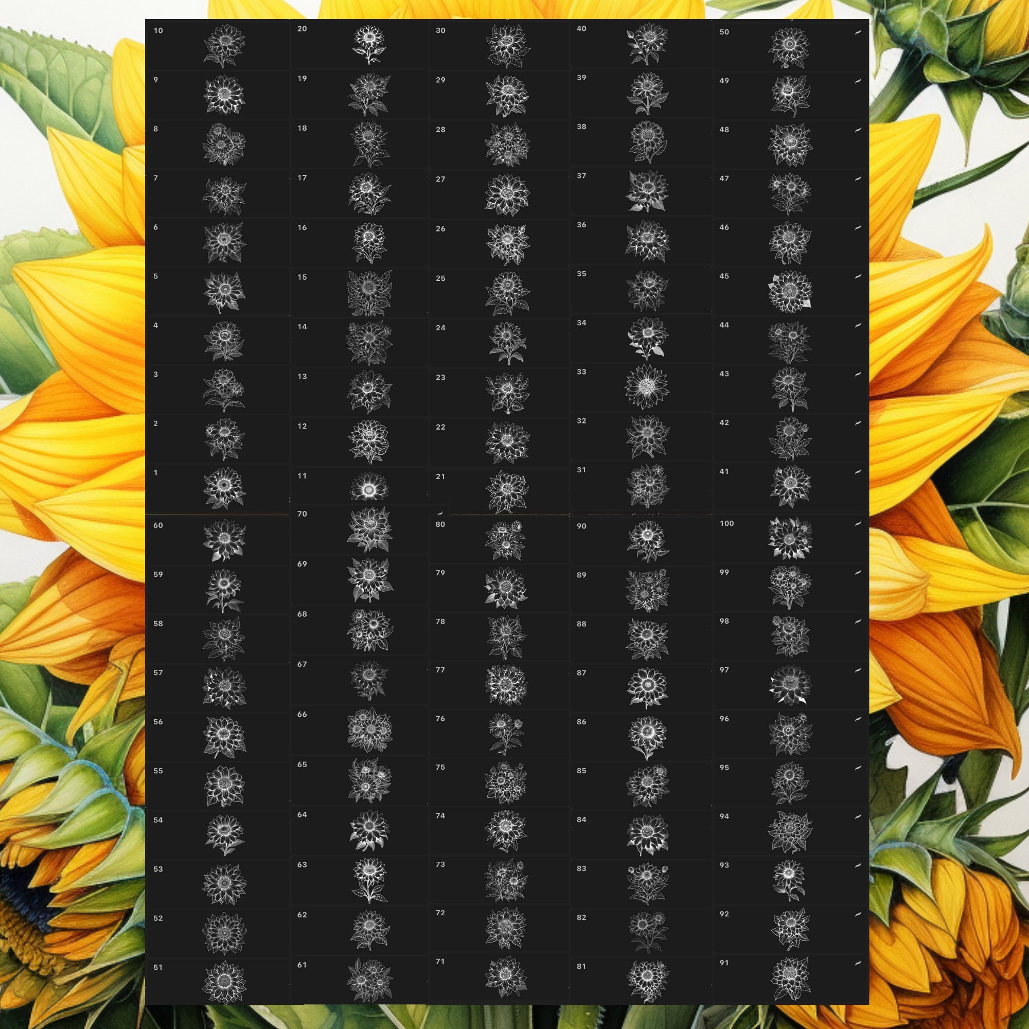 Sunflower Procreate Stamps | 100 Procreate Floral Stamps | Botanical ...