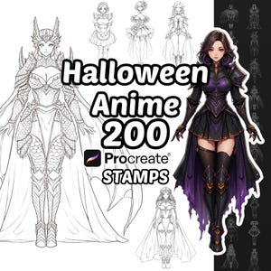 Pode incluir: Uma coleção digital de 200 carimbos Procreate Halloween Anime com esboços de personagens em armaduras e trajes, juntamente com uma ilustração colorida de um personagem em armadura roxa e preta com uma capa fluida.