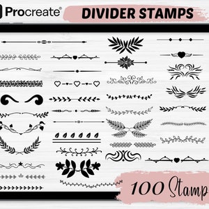 Puede incluir: La pantalla de una tableta digital que muestra 100 sellos divisores en blanco y negro para usar en la aplicación Procreate. Los sellos incluyen varios diseños florales, geométricos y abstractos.