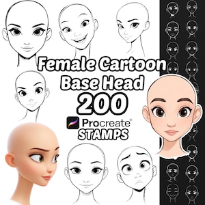 May include: A digital art resource for Procreate, showcasing female cartoon head stamps. The image includes line drawings and a 3D rendered face, with the text "Female Cartoon Base Head 200 Procreate STAMPS".