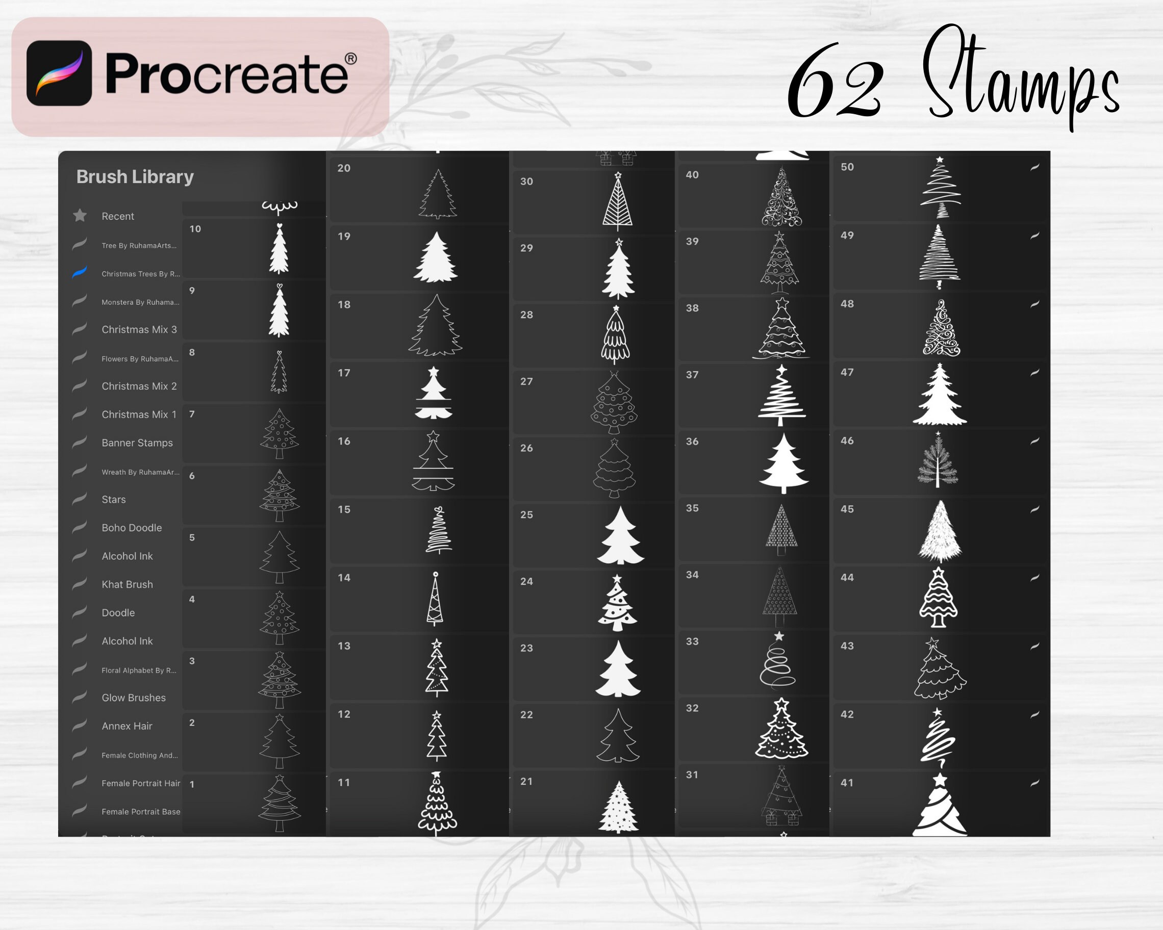 Christmas Tree Procreate Stamps |62 Procreate Christmas Trees Brushes ...