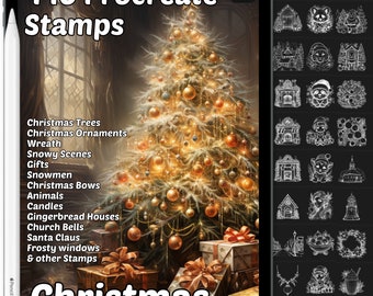 May include: A digital illustration of a Christmas tree with decorations and gifts. The text "440 Procreate Stamps Christmas" is displayed on the image. The image also shows a grid of 440 Christmas-themed stamps.