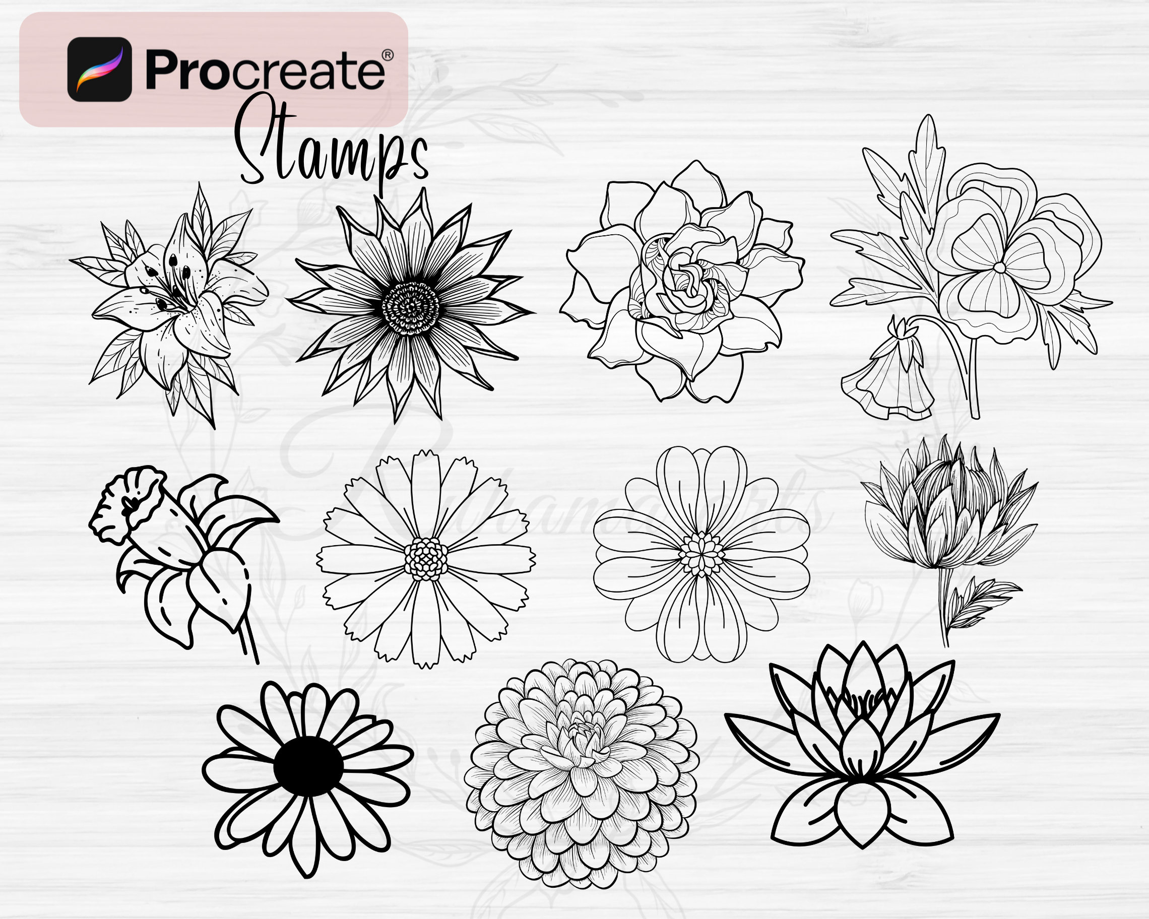 Procreate Flower Stamps | 100 Flower Botanical Procreate Stamps |flower ...