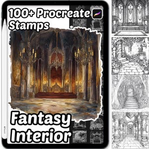 Op de afbeelding: Een digitaal kunstproduct op een tablet, met een aquarel fantasie interieurscène met kroonluchters en een rode loper. Tekst luidt "100+ Procreate Stamps" en "Fantasy Interior."