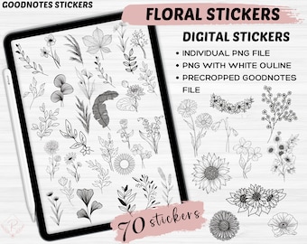 Floral Stickers bundle for Goodnotes | 70 Pre-cropped Stickers for goodnotes | Botanical Floral Digital Stickers | Digital, Printable PNGs