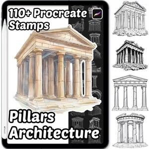 May include: A digital art set displayed on a tablet, featuring architectural stamps for Procreate. The image showcases a detailed illustration of a classical temple with columns, accompanied by the text "110+ Procreate Stamps" and "Pillars Architecture."