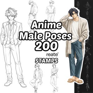 Könnte beinhalten: Eine digitale Sammlung von 200 Anime Male Poses Stempeln mit verschiedenen Strichzeichnungen von Charakteren in Anzügen, Freizeitkleidung und Hoodies sowie einer vollfarbigen Figur in beiger Strickjacke, weißem T-Shirt und blauer Jeans.