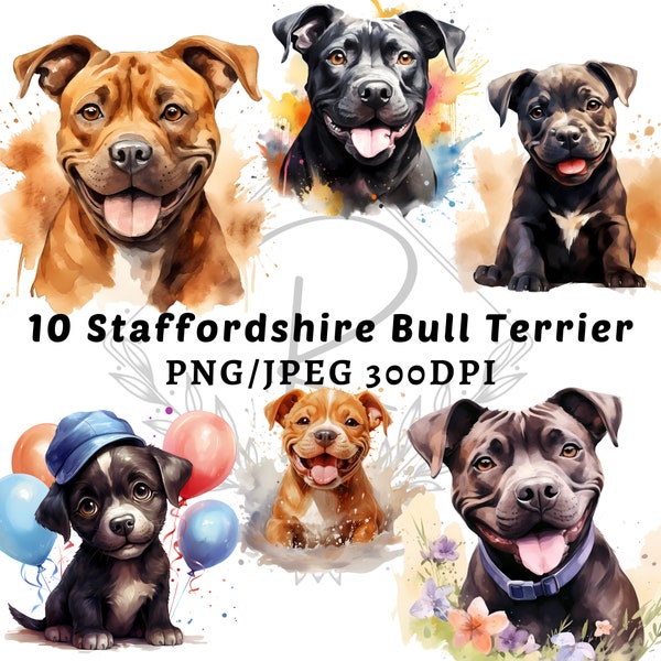 Staffordshire Bull Terrier Dog Breed Clipart| 10 High-Quality PNG Watercolor Staffordshire Bull Terrier Clipart | Sublimation design | 1