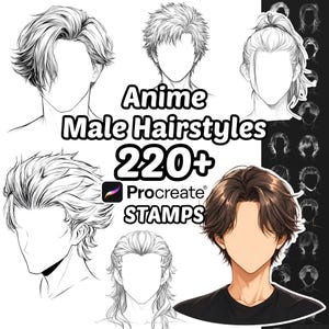 Könnte beinhalten: Eine digitale Sammlung von über 220 Anime-Herrenfrisuren für Procreate, mit verschiedenen Strichzeichnungen von Frisuren und einer farbigen Illustration einer Figur mit braunem Haar, alles auf einem dunklen Hintergrund mit Text.