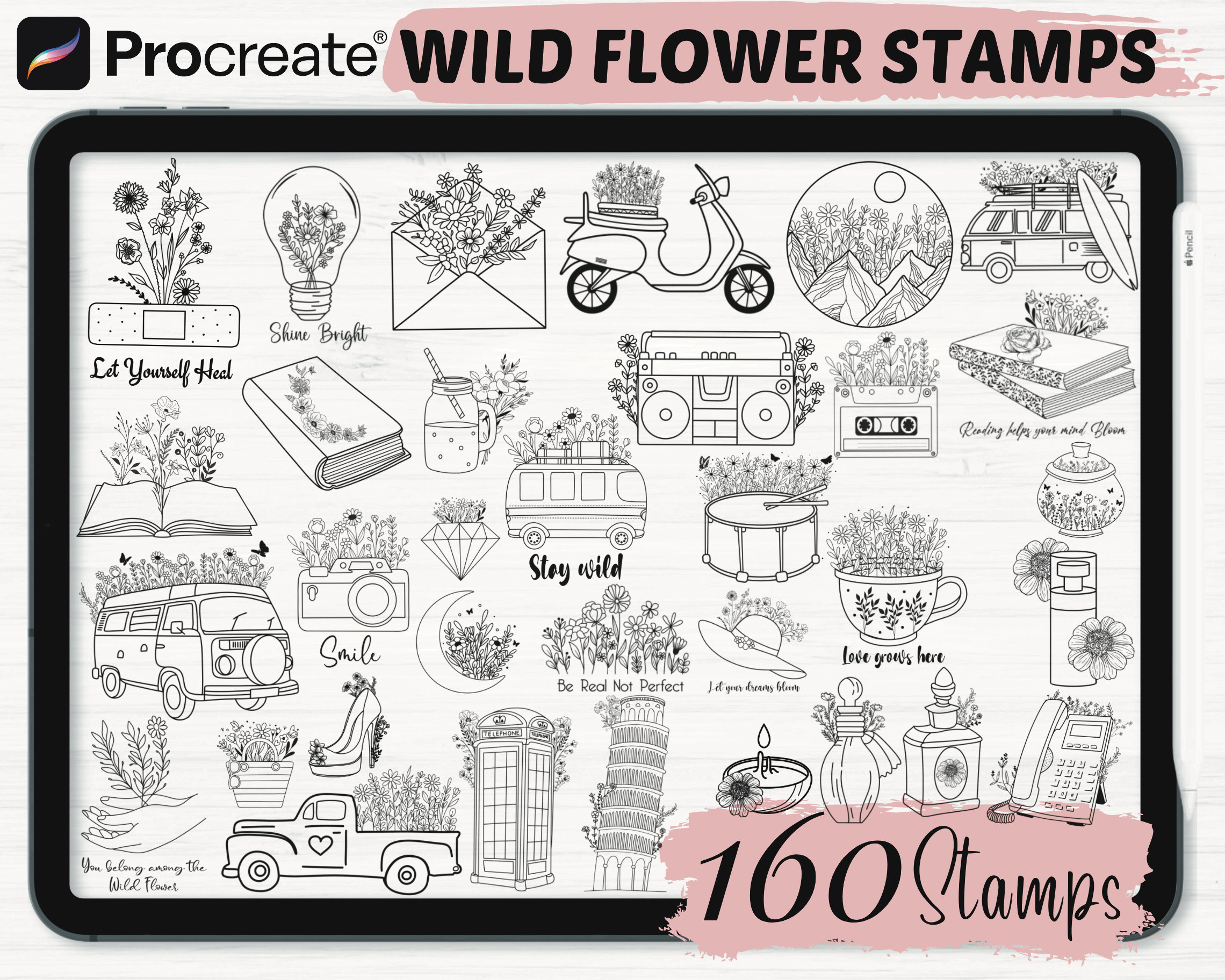 Procreate Wildflower Stamps Bundle| 160 Procreate Flower Brushes ...
