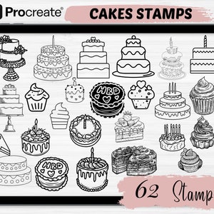 May include: A digital illustration of 62 black and white cake stamps. The stamps include various cake designs, including cupcakes, layered cakes, and cakes with candles. The text "Cakes Stamps" and "62 Stamps" are included in the image.