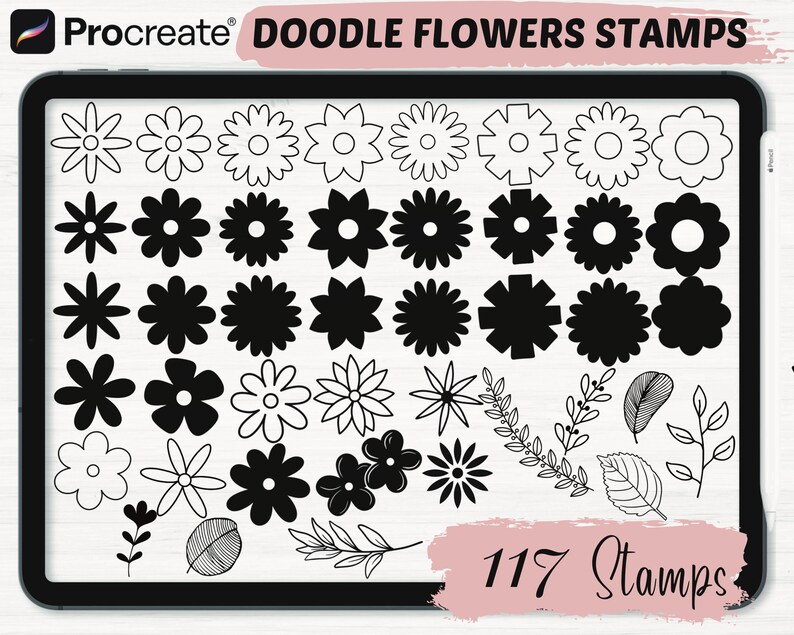 Doodle Flower Procreate Stamps | 117 Flower Procreate Brushes | Floral ...