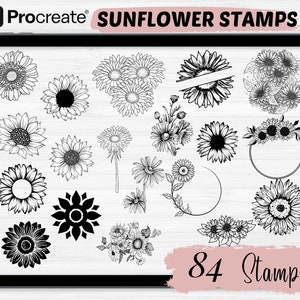 Sellos de procreación de girasol / 84 pinceles de procreación de girasol / Sellos de procreación floral / Flor de procreación / Sellos de tatuaje de girasol procreado