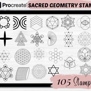 Könnte beinhalten: Ein digitaler Tablet-Bildschirm zeigt 105 schwarz-weiße heilige Geometrie-Stempel. Die Stempel sind in einem Raster angeordnet und umfassen verschiedene geometrische Formen wie Kreise, Dreiecke, Quadrate und Sterne.