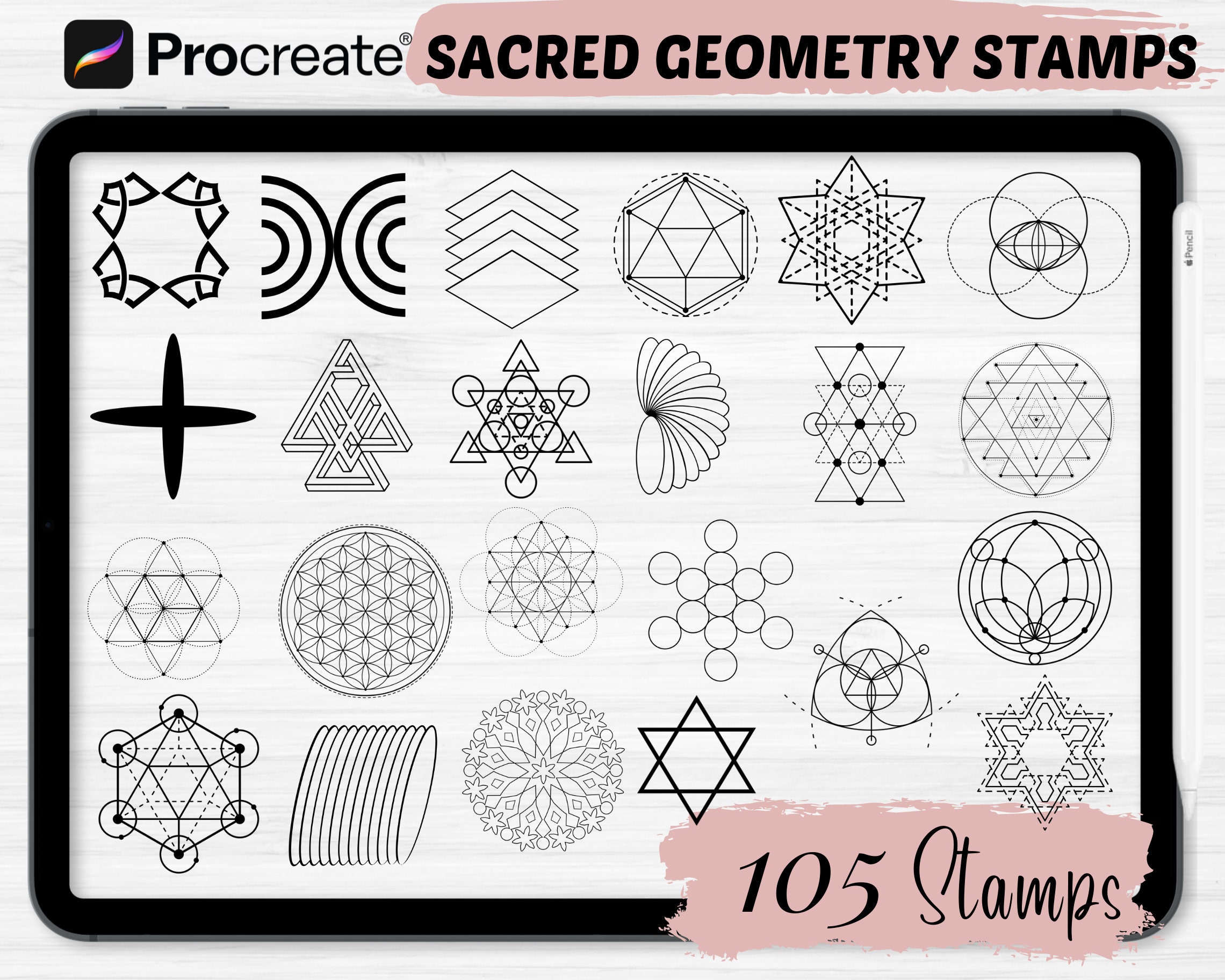 Sellos de formas de geometría sagrada para Procreate – 105 pinceles de geometría para arte y diseño en iPad