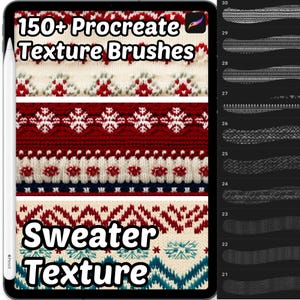 Puede incluir: Una tableta digital muestra pinceles de textura Procreate, con patrones de punto de suéter en rojo, blanco y azul. El texto dice "150+ Procreate Texture Brushes" y "Sweater Texture". Un lápiz digital está a la izquierda.
