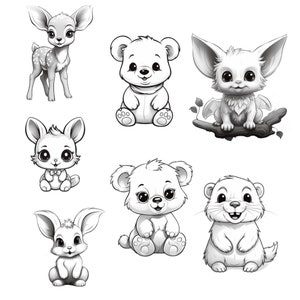 May include: Black and white line art illustrations of various cute animals, including a deer, a bear, a bat, a rabbit, a bear cub, and a beaver. The animals are all drawn in a cartoon style and have large eyes and friendly expressions.