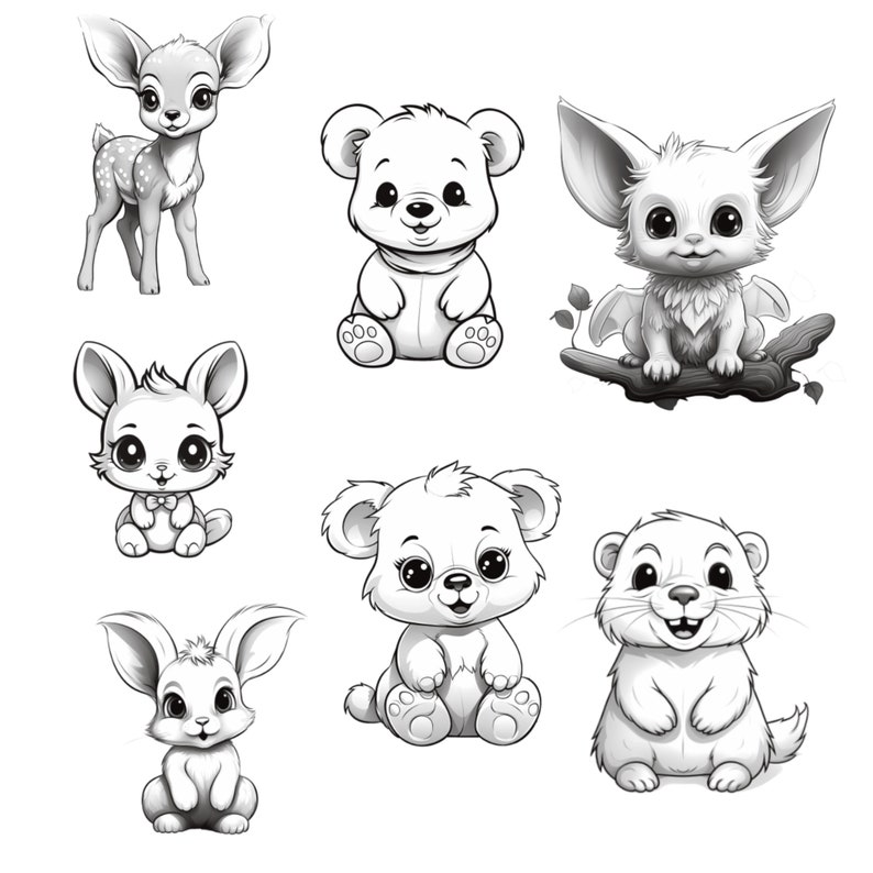 May include: Black and white line art illustrations of various cute animals, including a deer, a bear, a bat, a rabbit, a bear cub, and a beaver. The animals are all drawn in a cartoon style and have large eyes and friendly expressions.