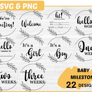 Paquete Svg de hito del bebé / 22 anuncio de bebé svg / Hola mundo svg / Estadísticas de nacimiento svg / Signo de recién nacido svg / Hito mensual del bebé Svg