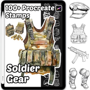 May include: Digital art set featuring a camouflage tactical vest, ammunition, and a variety of soldier gear illustrations. The text reads "100+ Procreate Stamps" and "Soldier Gear". Includes a digital pencil and a tablet.