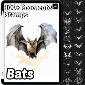 May include: Digital art set of 100+ Procreate stamps featuring bats. The main image shows a detailed watercolour illustration of a bat with outstretched wings. The word "Bats" is written in bold, black letters. A selection of bat designs is displayed on the right.