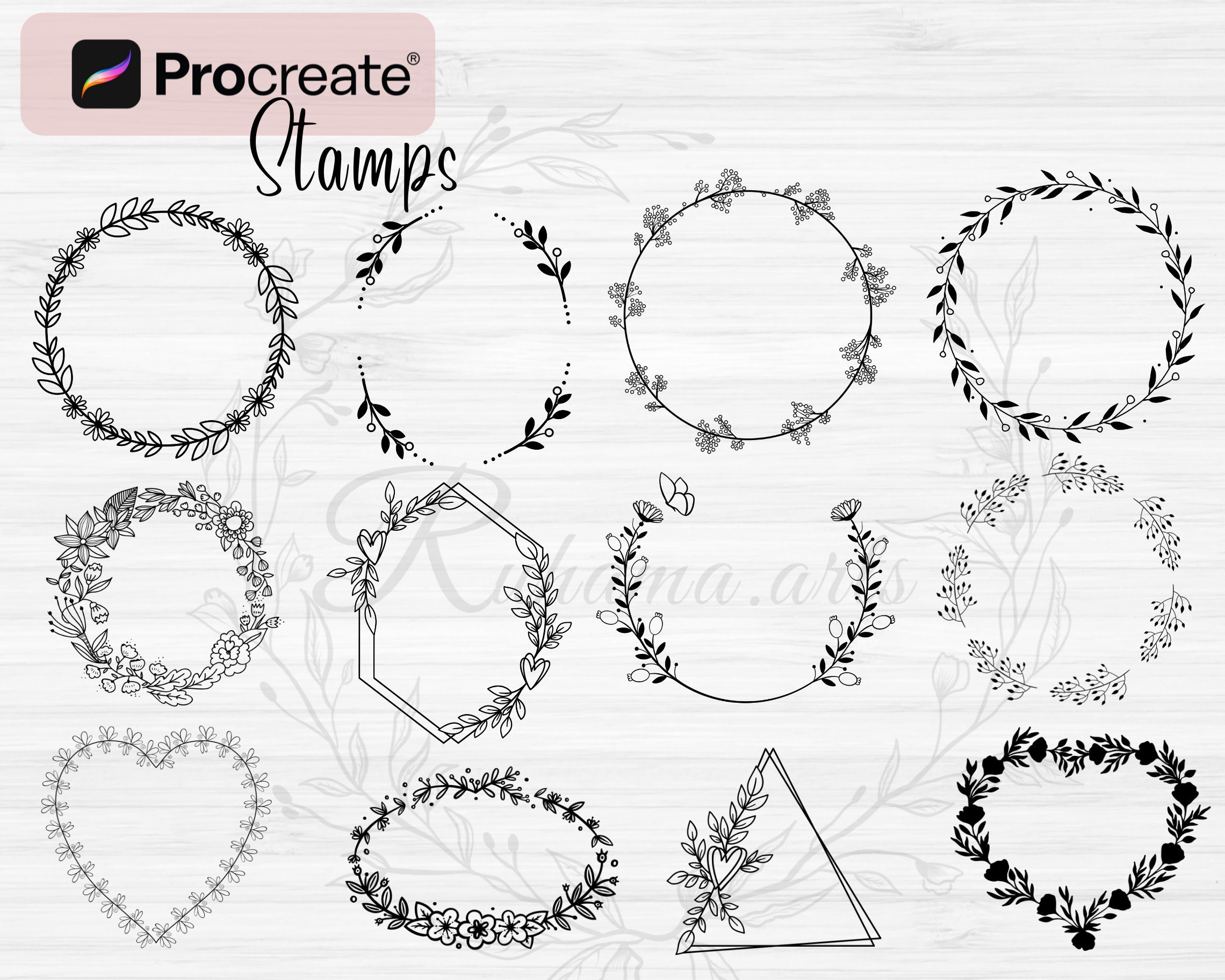 Procreate Floral Wreath Stamps | 75 Wreath Procreate Stamps | Flower ...