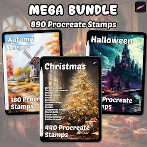 Könnte beinhalten: Eine digitale Illustration von drei Tablet-Bildschirmen, die ein Mega-Paket mit 890 Procreate-Stempeln zeigen. Die Bildschirme zeigen verschiedene Themen: Herbst, Halloween und Weihnachten. Jeder Bildschirm zeigt eine Vielzahl von Stempeln, darunter Bäume, Ornamente, Schneemänner und mehr. Der Text "MEGA BUNDLE" und "890 Procreate Stamps" wird oben im Bild angezeigt.