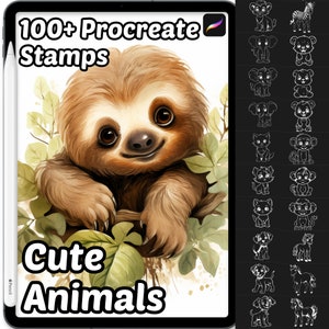 Può includere: 100+ Timbri Procreate: Animali Carini. Un'illustrazione digitale di un bradipo marrone con occhi grandi, sorridente e aggrappato a un ramo. L'immagine è circondata da foglie verdi. Il lato destro dell'immagine mostra una griglia di 16 illustrazioni di animali in bianco e nero.