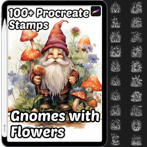 Puede incluir: 100+ Sellos Procreate Gnomos con flores. Una ilustración digital de un gnomo con un gorro rojo y barba blanca, sosteniendo un hongo. El gnomo está rodeado de flores y hongos. La imagen está en un estilo de arte digital.