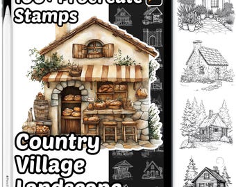 May include: A digital art set displayed on a tablet, featuring a country village landscape theme. The image includes a detailed illustration of a bakery with bread, and the text "100+ Procreate Stamps" and "Country Village Landscape".