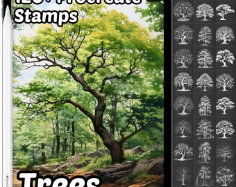 Può includere: Un'illustrazione digitale di una scena di foresta con un grande albero in primo piano. L'immagine è sullo schermo di un tablet con il testo "120+ Procreate Stamps Trees" in alto. Il lato destro dell'immagine mostra una griglia di oltre 120 timbri di alberi in bianco e nero.