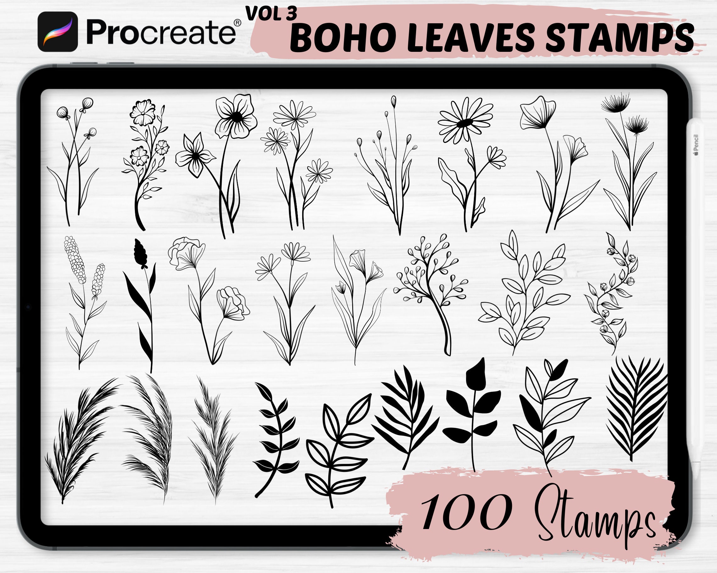 Boho Leaf Procreate Stamps | 100 Boho Abstract Doodle Procreate Brushes ...