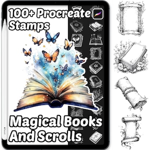 May include: A digital art design on a tablet featuring the text "100+ Procreate Stamps" and "Magical Books And Scrolls." The design includes an open book with butterflies, and illustrations of books and scrolls.