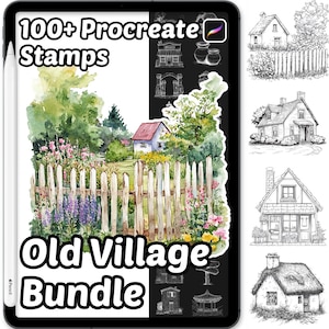Puede incluir: Un paquete de arte digital en una tableta, con ilustraciones en acuarela y sellos de Procreate. La imagen incluye una colorida escena de pueblo con una valla blanca, flores y una casa. El texto dice "100+ Procreate Stamps" y "Old Village Bundle."