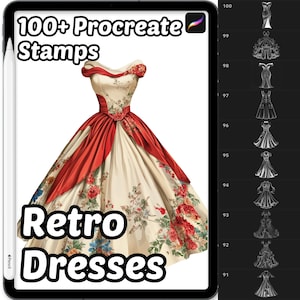 以下が含まれることがあります： クリーム色のヴィンテージドレスのデザインが特徴のデジタルアート製品。赤いアクセントと花柄が施されています。画像には、「100+ Procreate Stamps」と「Retro Dresses」というテキストがタブレット画面に表示され、ドレスのデザインスタンプも含まれています。