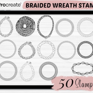 May include: A digital illustration of 16 different braided wreath stamps. The stamps are in black and white and are arranged in a grid pattern. The text "BRAIDED WREATH STAMPS" is at the top of the image. The text "50 Stamps" is at the bottom of the image.