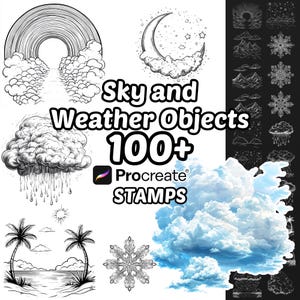 May include: A digital collection of over 100 sky and weather stamps for Procreate, featuring black and white line art illustrations of rainbows, clouds, rain, moons, stars, palm trees, and snowflakes, alongside a realistic blue cloud graphic.