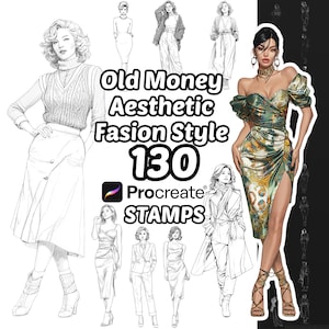 Pode incluir: Uma coleção digital de 130 carimbos de ilustração de moda para Procreate com várias roupas, incluindo vestidos, saias e casacos. O texto diz Old Money Aesthetic Fasion Style 130 Procreate STAMPS. Inclui desenhos de linha e uma figura colorida.