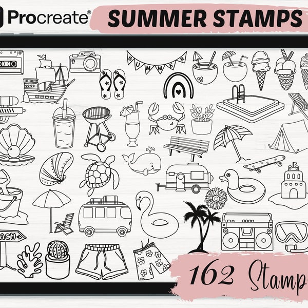 Summer Procreate Stamps | 162 summer Procreate brushes | Sea animal Procreate stamps | Procreate brushes | Procreate stamps| Beach procreate