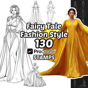 May include: A digital collection of Fairy Tale Fashion Style 130 Procreate stamps featuring black and white line art sketches of various gowns and a full-color illustration of a person wearing a vibrant yellow floor-length dress with a cape.