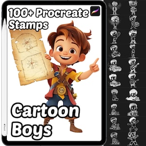 Peut inclure: Ensemble d'art numérique pour Procreate avec plus de 100 tampons. L'image présente un garçon de dessin animé tenant une carte, avec le texte "100+ Procreate Stamps" et "Cartoon Boys". Une sélection de tampons de garçons de dessins animés est affichée à droite.