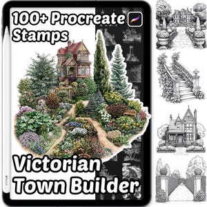 May include: A digital art set displayed on a tablet, featuring a colorful Victorian house surrounded by lush gardens. The text reads "100+ Procreate Stamps" and "Victorian Town Builder". Additional black and white architectural illustrations are also shown.