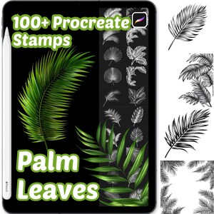 Könnte beinhalten: Ein digitales Kunstdisplay mit einem Tablet und einem Stift. Der Bildschirm zeigt grüne Palmenblätter und den Text "100+ Procreate Stamps" und "Palm Leaves". Zusätzliche Palmenblatt-Illustrationen sind zu sehen.